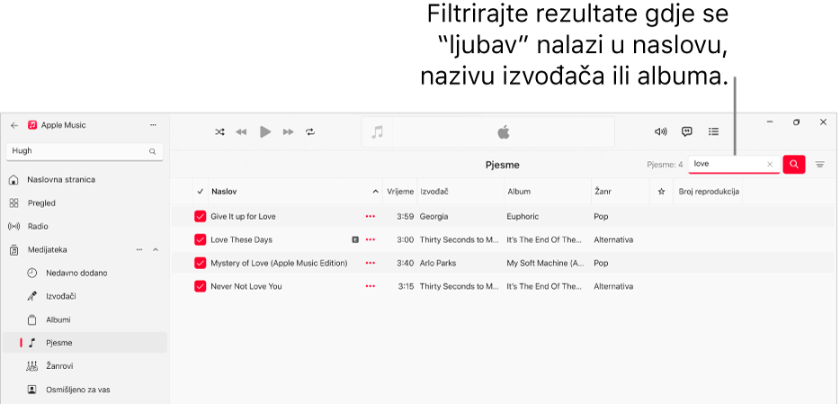 Prozor usluge Apple Music s prikazom popisa pjesama koje se pojavljuju kad se riječ “ljubav” unosi u polje filtra u gornjem desnom kutu. Pjesme na popisu uključuju riječ "ljubav" u njihovom naslovu, izvođaču ili nazivu albuma.