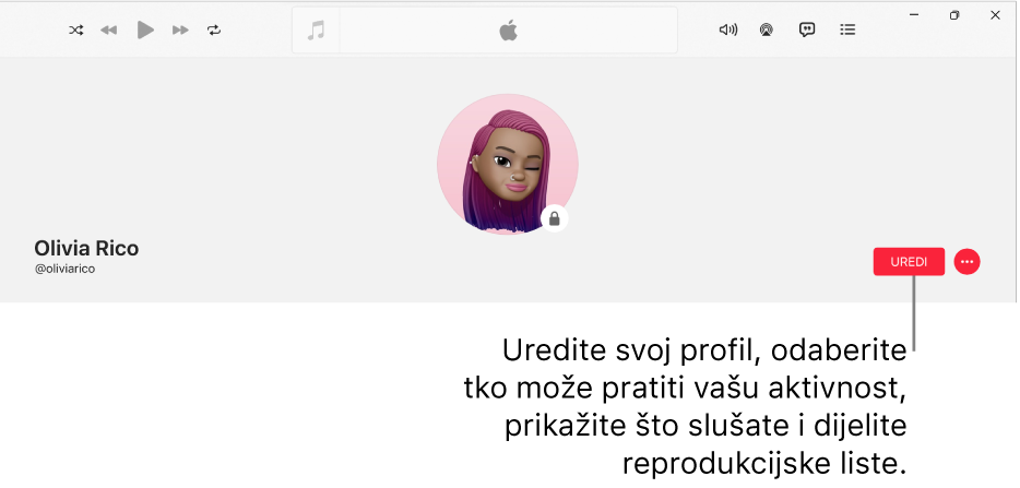 Stranica profila na usluzi Apple Music: s desne strane prozora nalazi se tipka Uredi koju možete odabrati za uređivanje svog profila, odabir tko može pratiti vašu aktivnost, prikaz što slušate i dijeljenje reprodukcijskih lista.