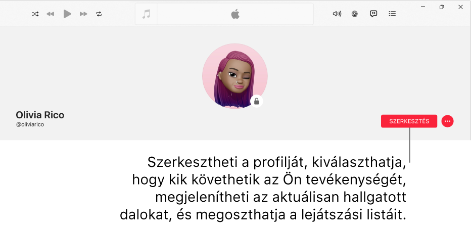 Az Apple Music-profiloldal: az ablak jobb oldalán a Szerkesztés gomb látható, amely kiválasztásával szerkesztheti a profilját, kiválaszthatja, hogy ki követheti az Ön tevékenységét, megjelenítheti, hogy mit hallgat és megoszthat lejátszási listákat.