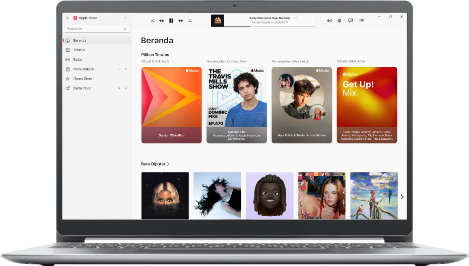 Jendela Apple Music menampilkan Beranda.
