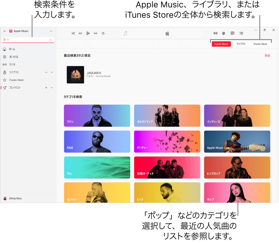 Apple Musicウインドウ。左上隅に検索フィールド、ウインドウの中央にカテゴリのリスト、右上隅にApple Music、ライブラリ、およびiTunes Storeのボタンが表示されています。