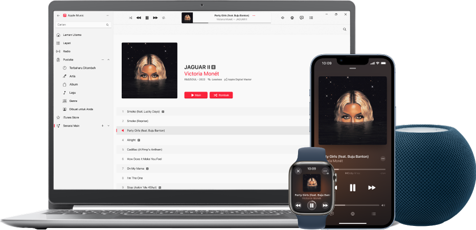 Lagu dimainkan pada Mac, iPhone dan Apple Watch, dengan HomePod.