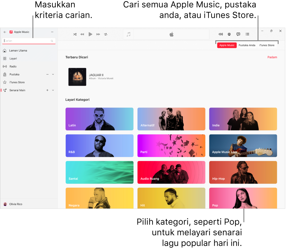Tetingkap Apple Music menunjukkan medan carian di penjuru kiri atas, senarai kategori di bahagian tengah tetingkap dan butang Apple Music, Pustaka Anda serta iTunes Store tersedia di penjuru kanan atas.