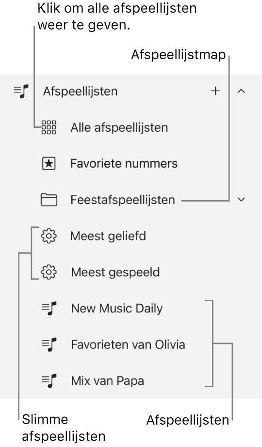 In de navigatiekolom van Apple Music zie je de diverse typen afspeellijsten. Selecteer 'Alle afspeellijsten' om ze allemaal te bekijken. Je kunt ook een afspeellijstenmap aanmaken.