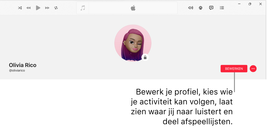 De profielpagina in Apple Music: aan de rechterkant van het venster is de knop 'Bewerken'; deze kun je selecteren om je profiel te bewerken, om op te geven wie je activiteit kan volgen, om te laten zien waar je naar luistert en om afspeellijsten te delen.
