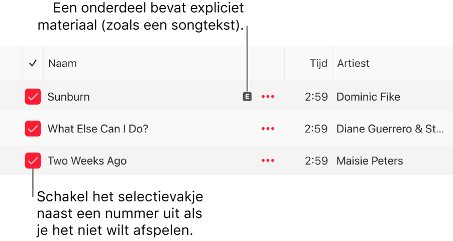 Detail van de lijst met nummers in de Apple Music-app, met de selectievakjes en een pictogram voor expliciet materiaal voor het eerste nummer (wat aangeeft dat het nummer expliciet materiaal bevat, zoals songtekst). Schakel het selectievakje naast een nummer uit als je dat nummer niet wilt afspelen.