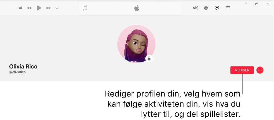 Profilsiden i Apple Music: Til høyre i vinduet er Rediger-knappen som du kan velge for å redigere profilen din, velge hvem som kan følge aktivitetene dine, vise hva du lytter til og dele spillelister.