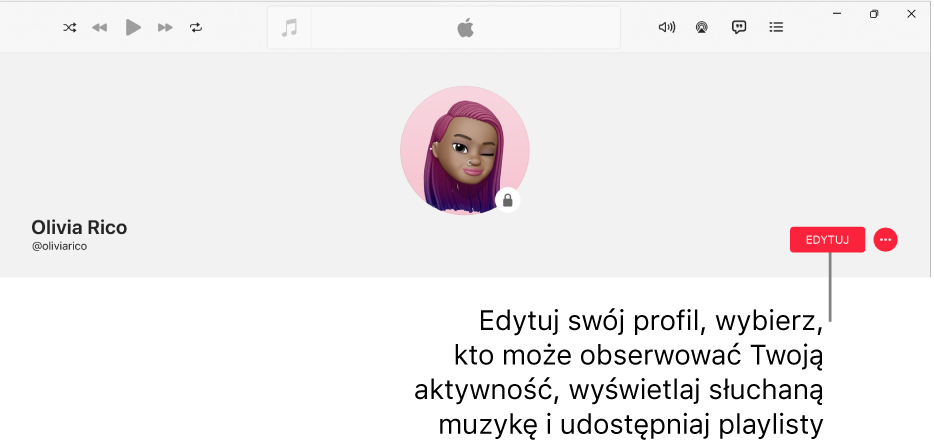 Strona profilu w Apple Music: po prawej stronie okna znajduje się przycisk edycji, który pozwala edytować profil, wybrać osoby, które mogą obserwować Twoją aktywność, pokazywać, czego słuchasz, oraz udostępniać playlisty.