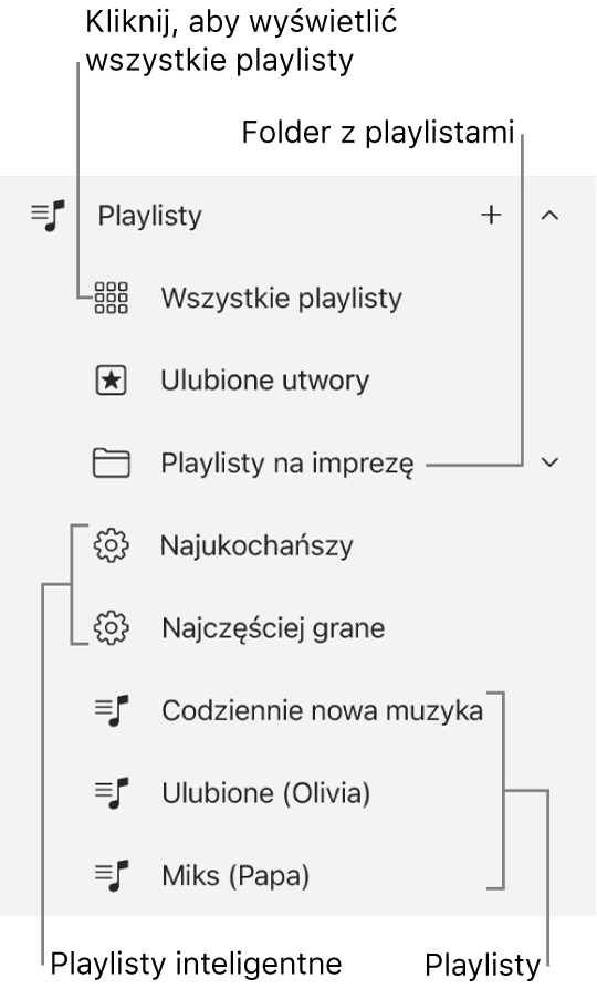 Pasek boczny aplikacji Apple Music z różnymi typami playlist. Aby wyświetlić wszystkie playlisty, wybierz przycisk Wszystkie playlisty. Możesz także utworzyć folder playlist.
