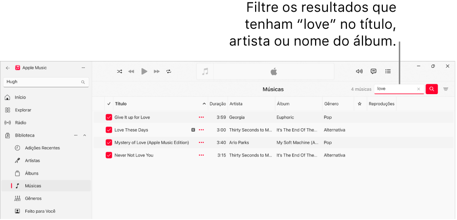 Janela do Apple Music mostrando a lista de músicas que são exibidas quando “amor” é digitado no campo de filtro no canto superior direito. As músicas na lista incluem a palavra “amor” em seu título, artista ou nome do álbum.