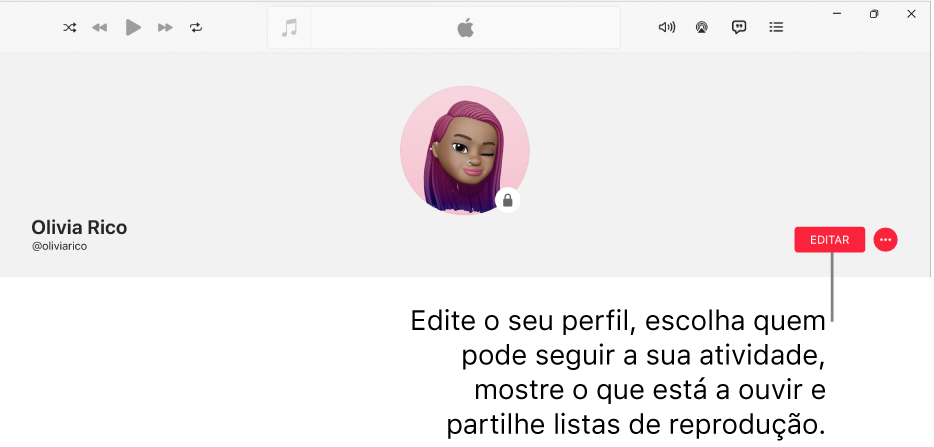 A página de perfil em Apple Music: à direita da janela está o botão “Editar”, que pode selecionar para editar o perfil, escolher quem pode seguir a sua atividade, mostrar o que está a ouvir e partilhar listas de reprodução.