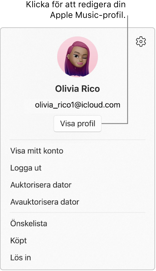 Profilmenyn som visas när du väljer ditt namn längst ned i sidofältet. Användarens bild och Apple-ID är överst. Knappen Visa profil är nedanför Apple-ID:t. Menyalternativen omfattar Visa mitt konto, Auktorisera dator och Önskelista.