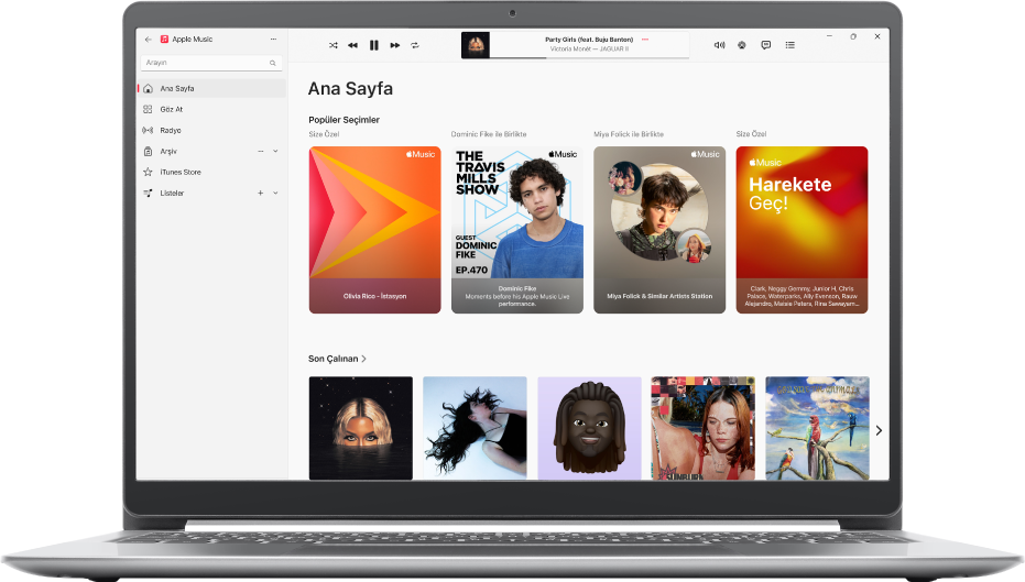 Ana Sayfa’yı gösteren Apple Music penceresi.