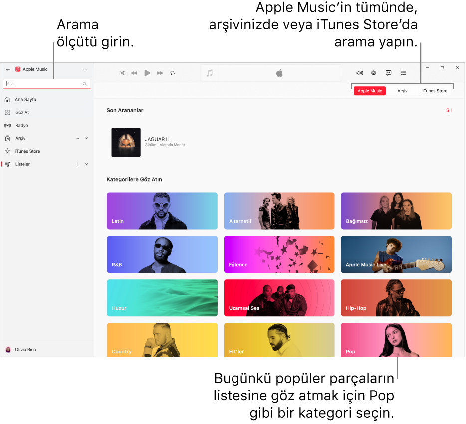 Sol üst köşede arama alanını, pencerenin ortasında kategori listesini ve sağ üst köşede Apple Music, Arşiviniz ve iTunes Store düğmelerini gösteren Apple Music penceresi.