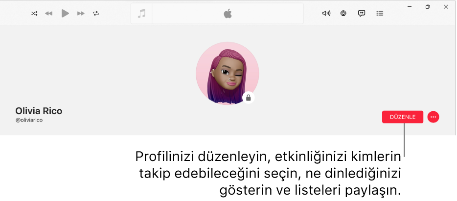 Apple Music’te profil sayfası: Pencerenin sağ tarafında profilinizi düzenlemek, etkinliğinizi kimlerin takip edebileceğini seçmek, ne dinlediğinizi göstermek ve listeleri paylaşmak için seçebileceğiniz Düzenle düğmesi yer alır.