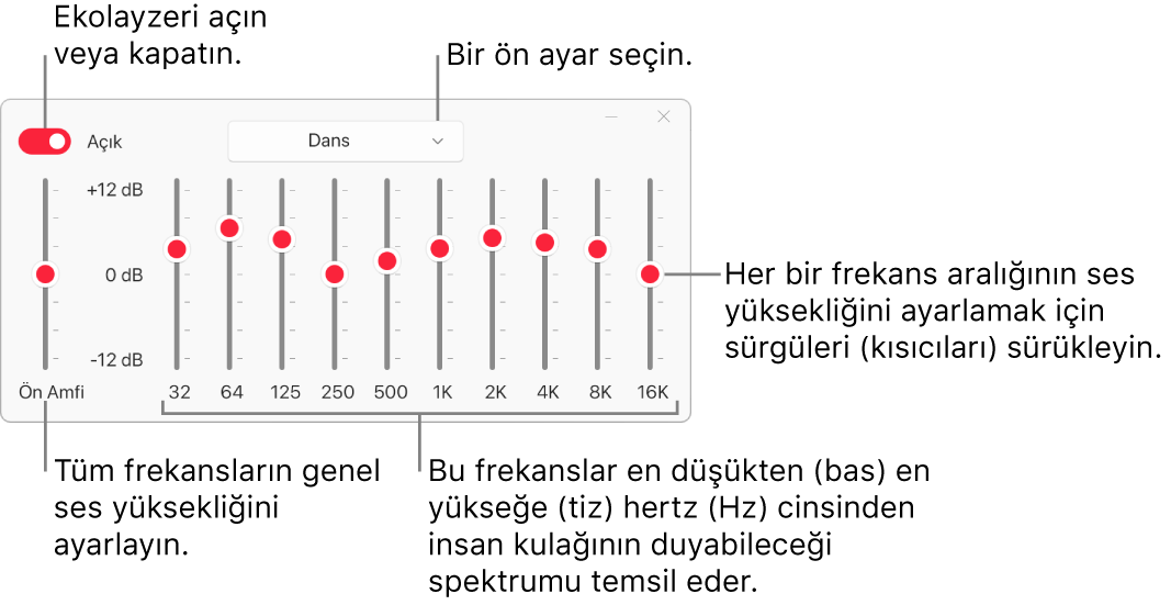 Ekolayzer penceresi: Apple Music ekolayzerini etkinleştirmeyi sağlayan düğme sol üst köşede bulunur. Bunun yanında ekolayzer ön ayarlarını içeren açılır menü yer alır. En sol tarafta, Ön Amfili frekansların genel ses yüksekliğini ayarlayın. Ekolayzer ön ayarlarının alt tarafında, en düşükten en yükseğe insan kulağının duyabileceği spektrumu temsil eden farklı frekans aralıklarının ses düzeyini ayarlayın.