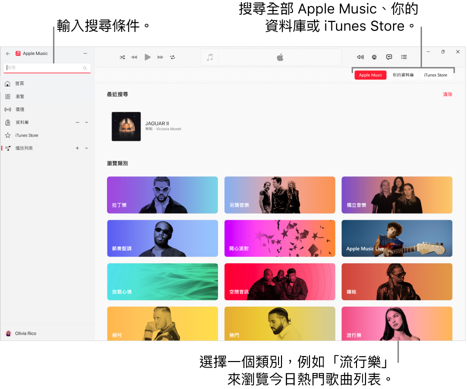 Apple Music 視窗的左上角顯示搜尋欄位，類別列表位於視窗的中間，而 Apple Music、「你的資料庫」和 iTunes Store 按鈕則位於右上角。