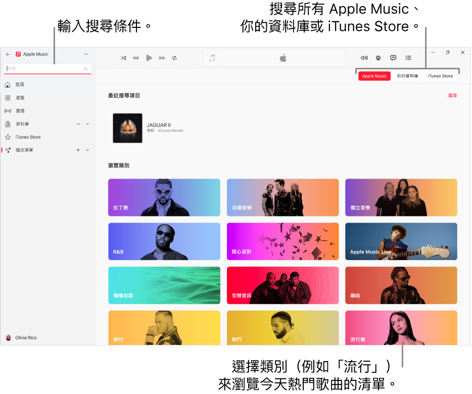 Apple Music 視窗左上角顯示搜尋欄位，視窗中央為類別清單，而右上角為 Apple Music、「你的資料庫」和 iTunes Store 按鈕。