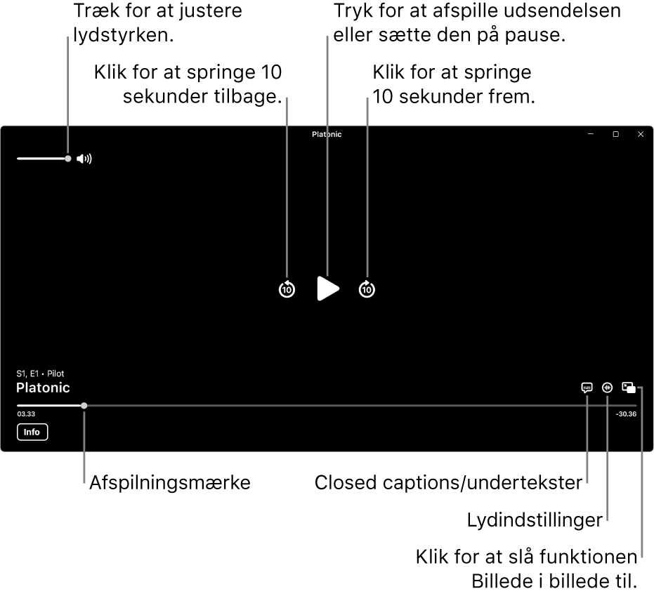 Betjeningspanelet til afspilning i afspilleren, herunder knapper til afspilning, pause, spring frem eller tilbage og justering af lydstyrken