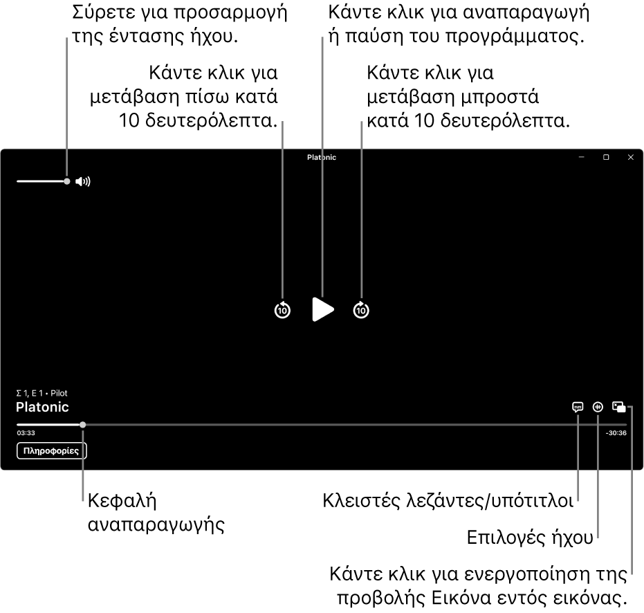 Στοιχεία ελέγχου αναπαραγωγής στο παράθυρο προβολής, με κουμπιά για αναπαραγωγή ή παύση, μετάβαση μπροστά ή πίσω και προσαρμογή έντασης ήχου