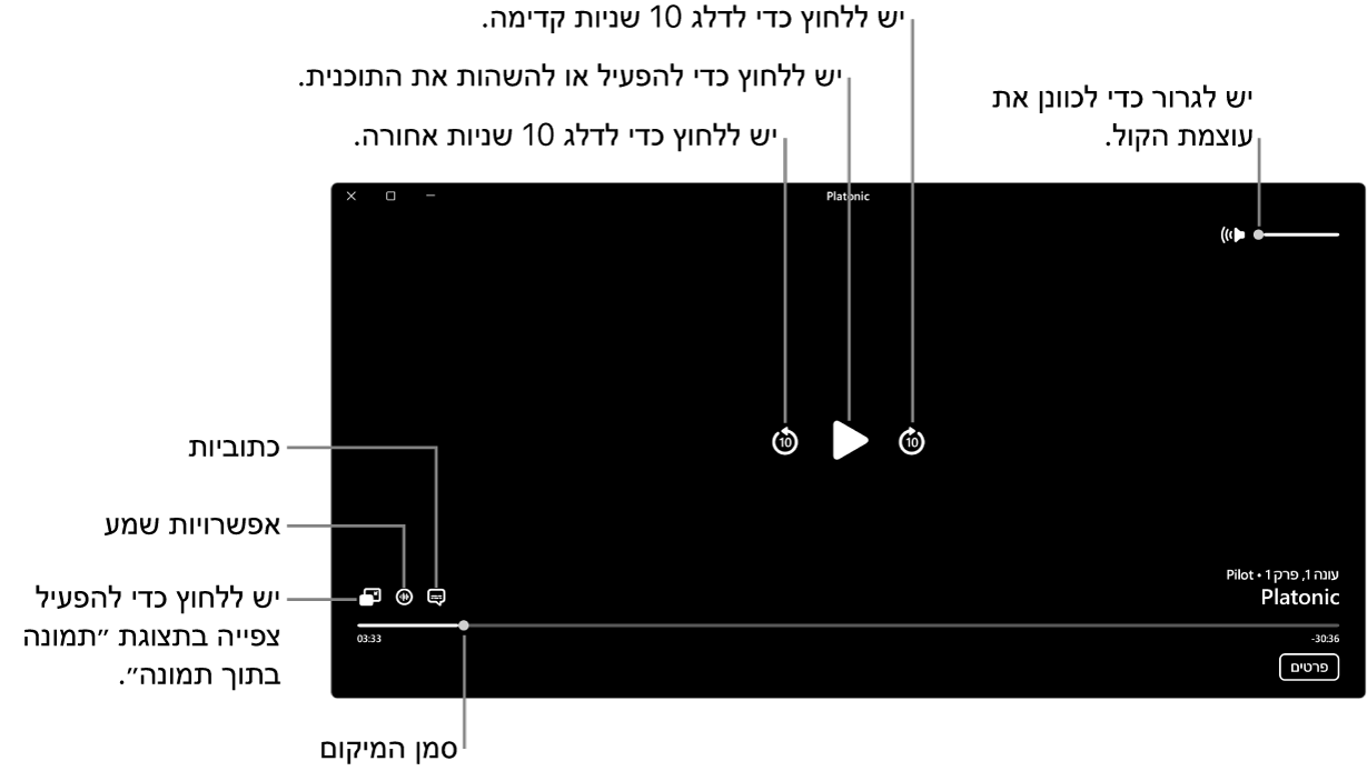 פקדי הפעלה בחלון התצוגה, כולל כפתורים להפעלה ולהשהיה, לדילוג קדימה ואחורה ולשינוי עוצמת הקול