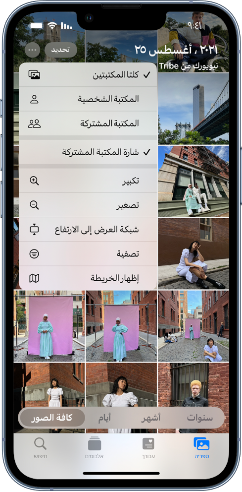 شاشة iPhone تعرض مكتبة شخصية ومكتبة مشتركة في تطبيق الصور.