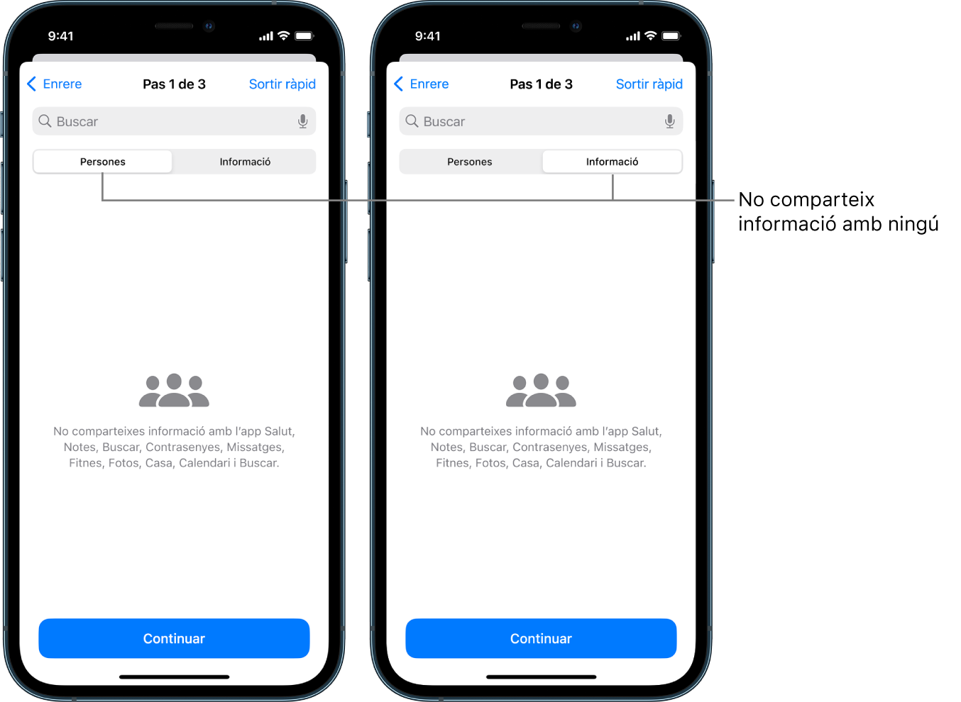 Finestra en què se seleccionen les pestanyes Persones i Informació per mostrar que ja no es comparteix cap tipus d’informació amb altres persones.
