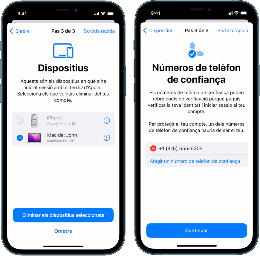 Tres pantalles de l’iPhone en què es mostra (1) un dispositiu seleccionat que es vol eliminar dels dispositius de confiança, (2) una pantalla per editar els números de telèfon de confiança i (3) una pantalla d’actualització de la contrasenya de l’ID d’Apple.