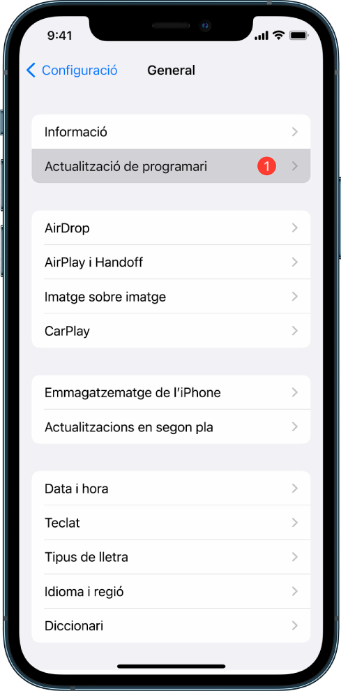 La pantalla de l’iPhone que mostra una actualització de programari disponible.