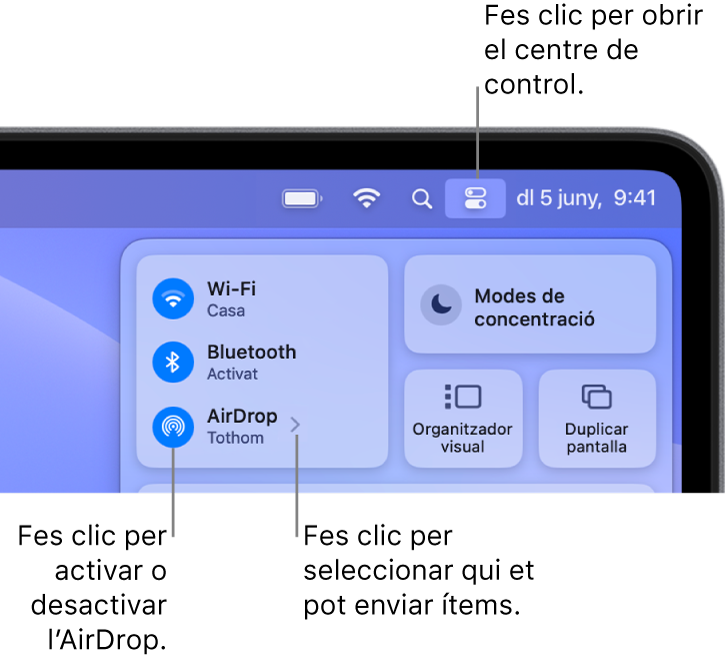 Una finestra del centre de control que mostra on s’activa i es desactiva l’AirDrop i com se selecciona qui et pot enviar ítems.