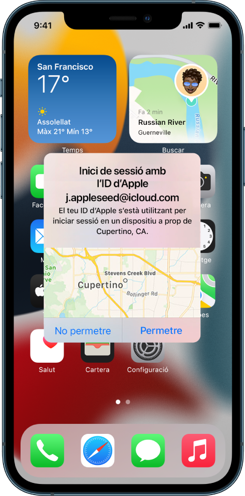 Una pantalla de l’iPhone que mostra un intent d’inici de sessió d’un usuari en un altre dispositiu associat al compte iCloud.