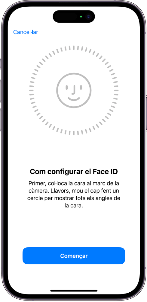 Pantalla de configuració del reconeixement del Face ID. Es mostra una cara encerclada a la pantalla. El text de sota indica a l’usuari que mogui el cap a poc a poc per completar el cercle. Apareix el botó “Opcions d’accessibilitat” a prop de la part inferior de la pantalla.