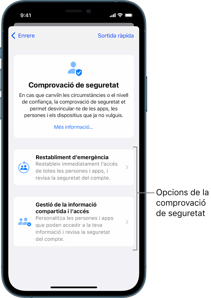 Pantalla de la comprovació de seguretat en què es mostren les dues opcions disponibles: “Restabliment d’emergència” i “Gestionar la compartició i l’accés”.