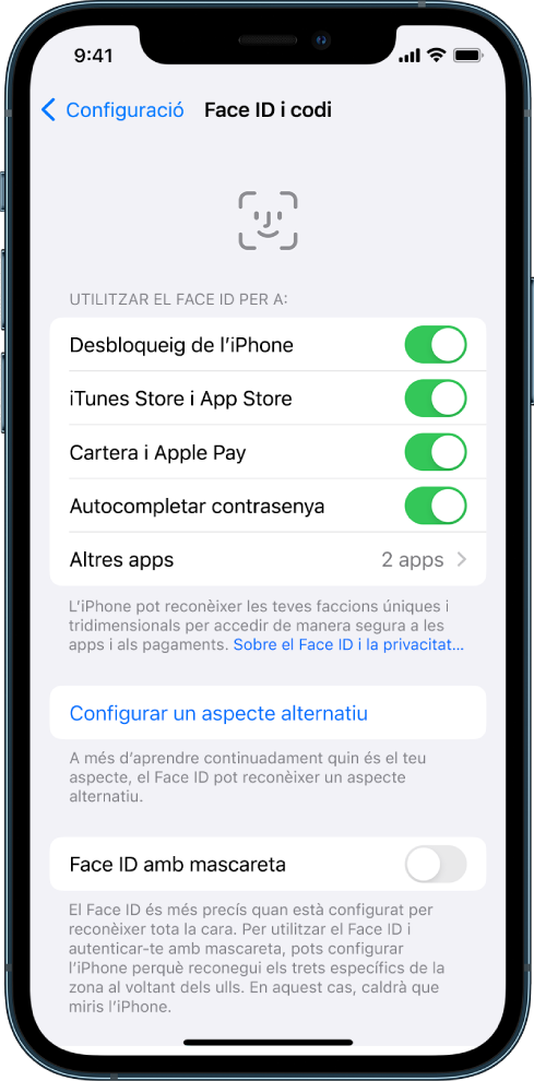 La pantalla del Face ID de l’iPhone mostra els diversos usos del Face ID, com ara el desbloqueig de l’iPhone, “iTunes i App Store”, “Cartera i Apple Pay” i “Autocompletar contrasenya”.