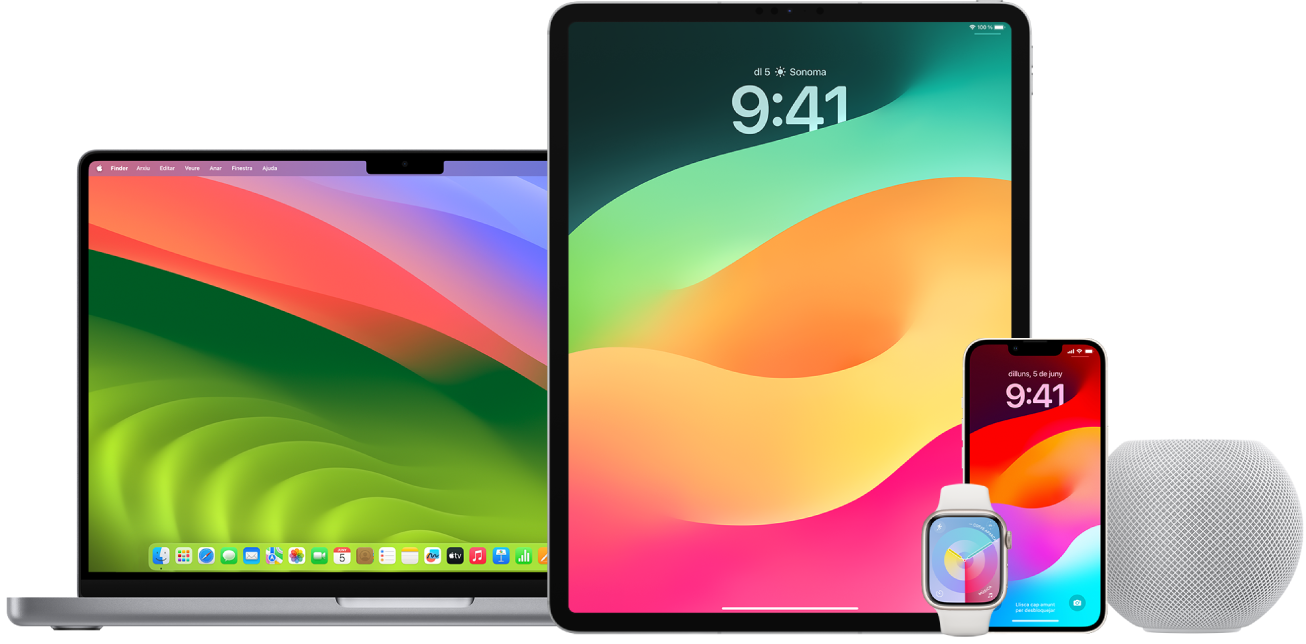 Un MacBook, un iPad, un iPhone, un Apple Watch i un HomePod.