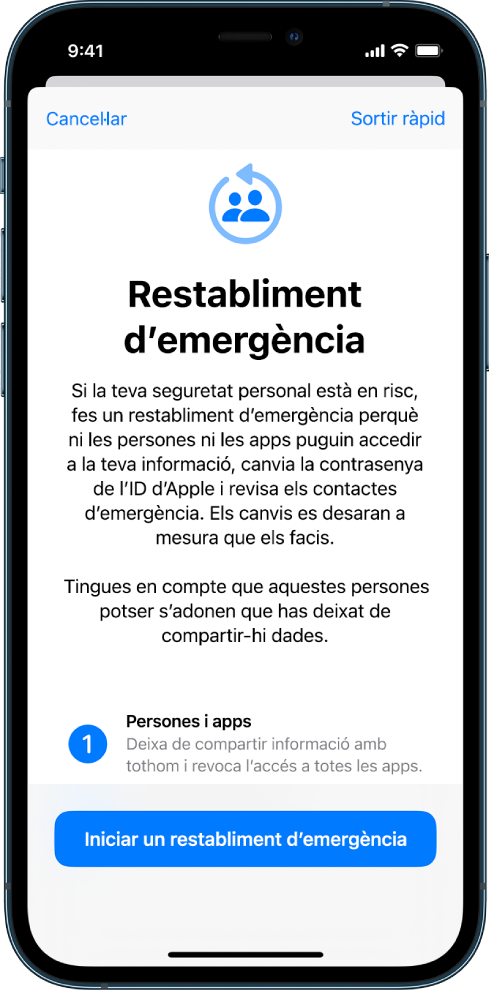 Pantalla en què es mostra el botó per iniciar el restabliment d’emergència.