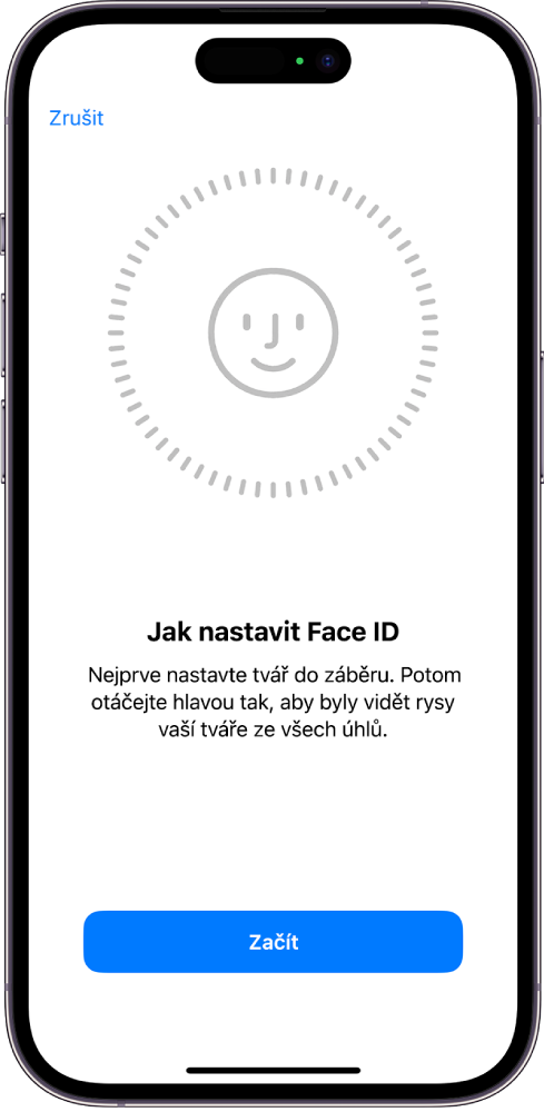 Obrazovka nastavení rozpoznávání Face ID. Na displeji je vidět tvář v kruhu. Text pod ní žádá uživatele, aby pomalým pohybem hlavy opsal celý obvod kruhu. U dolního okraje obrazovky se nachází tlačítko voleb zpřístupnění.