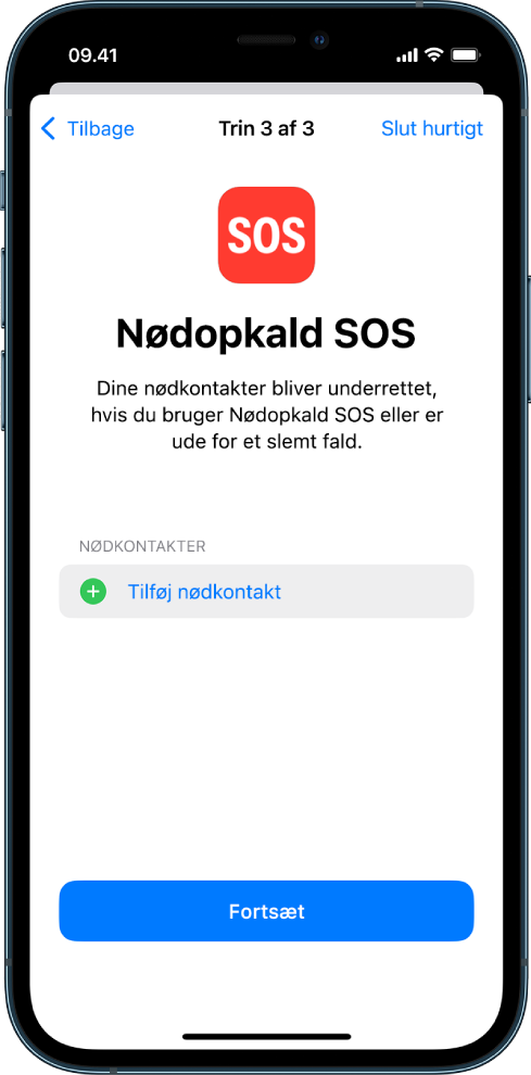 To iPhone-skærme, der viser skærmen til Nødopkald SOS og skærmen til opdatering af koden til enheden.