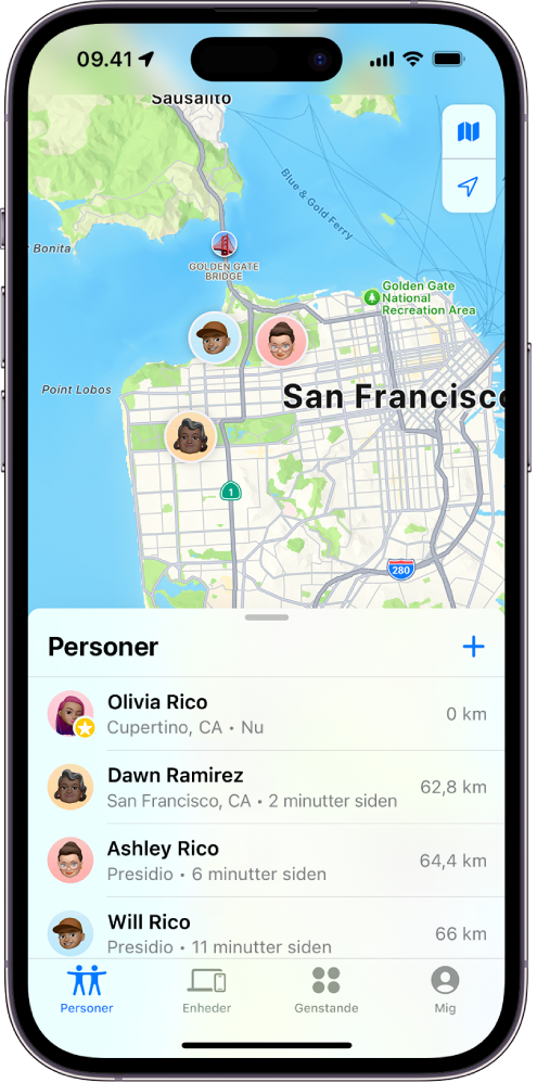 Appen Kort på iPhone, som viser en persons lokalitet, der deles med fire andre personer.