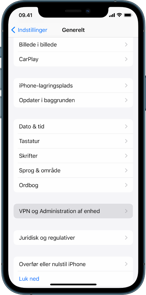 En iPhone-skærm, hvor muligheden VPN og Administration af enhed er valgt.