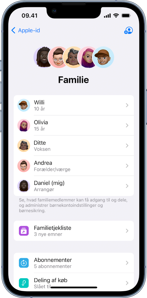 Skærmen Familiedeling i Indstillinger. Der vises en liste med fem familiemedlemmer, og fire abonnementer deles med familien.