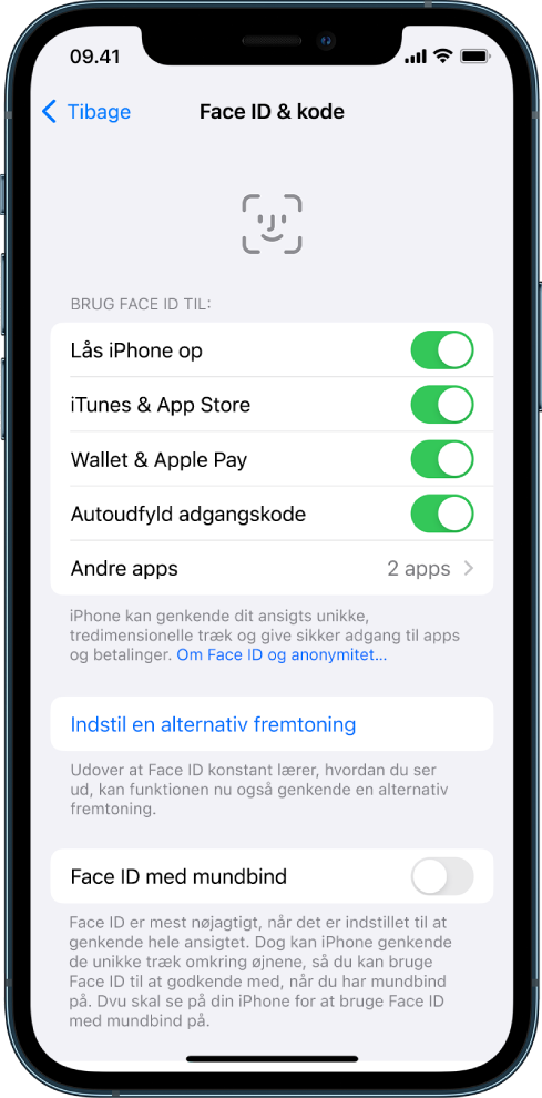 Skærmen Face ID på iPhone, der viser, hvad Face ID kan bruges til, f.eks. Lås iPhone op, iTunes & App Store, Wallet & Apple Pay og Autoudfyld adgangskode.