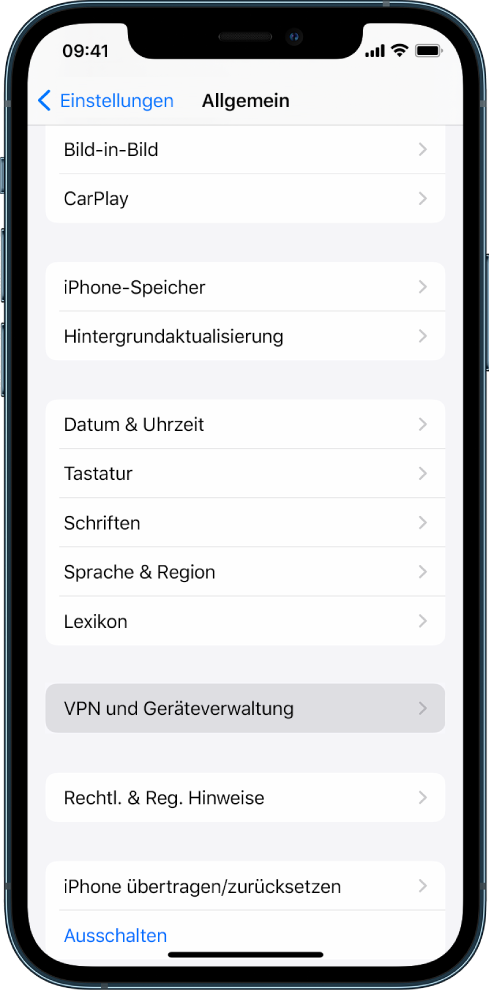 Ein iPhone-Bildschirm mit der ausgewählten Option „VPN und Gerätverwaltung“.
