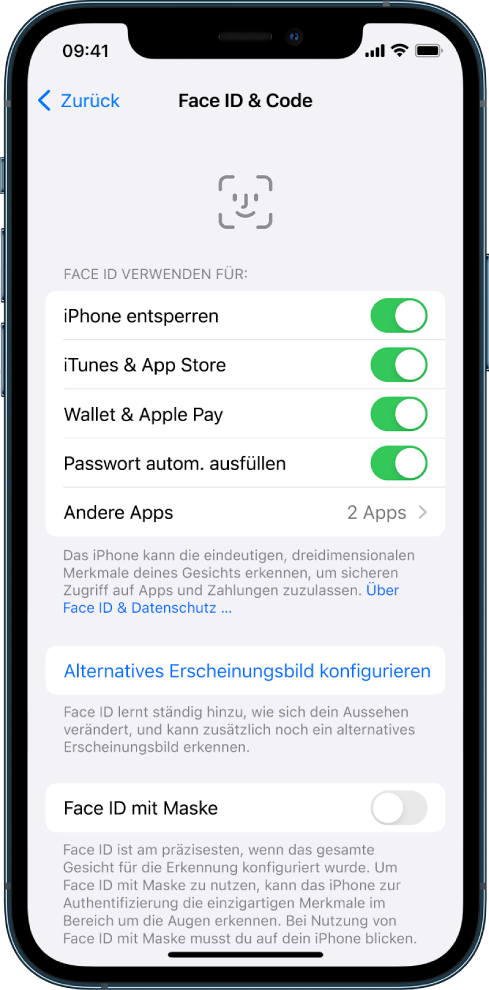 Der Face ID-Bildschirm auf dem iPhone mit Informationen zu den Nutzungsmöglichkeiten von Face ID, wie etwa „Dein iPhone entsperren“, „iTunes & App Store“, „Wallet & Apple Pay“ und „Passwort automatisch ausfüllen“.
