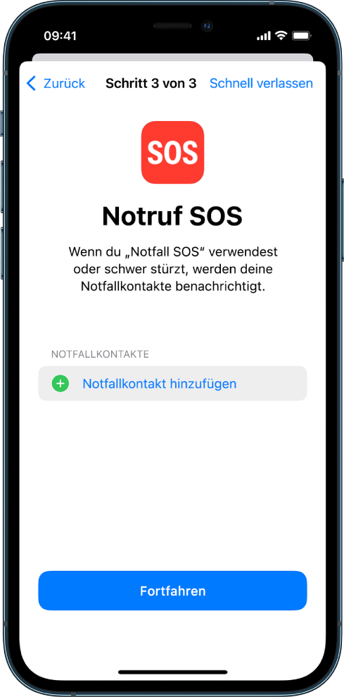 Zwei iPhone-Bildschirme zeigen den Bildschirm „Notfall-SOS“ und „Gerätecode aktualisieren“.