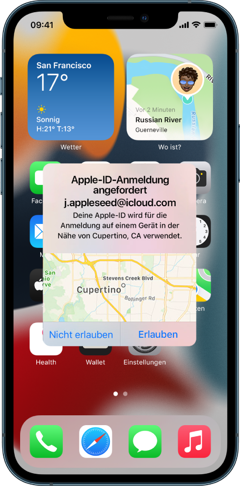 Ein iPhone-Bildschirm, auf dem ein Anmeldeversuch eines:einer Benutzer:in auf einem anderen Gerät angezeigt wird, das mit demselben iCloud-Account verknüpft ist.