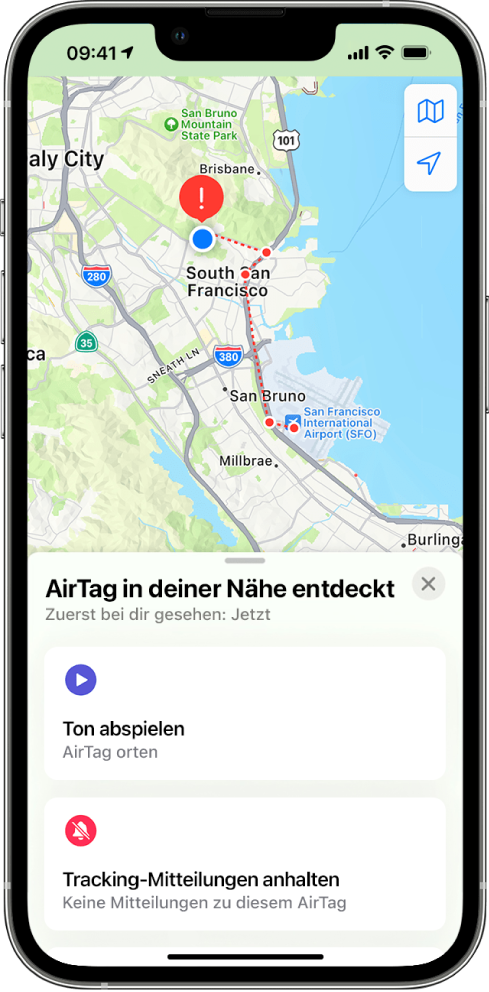 Ein iPhone-Bildschirm mit einem erkannten AirTag in Benutzernähe in der App „Karten“