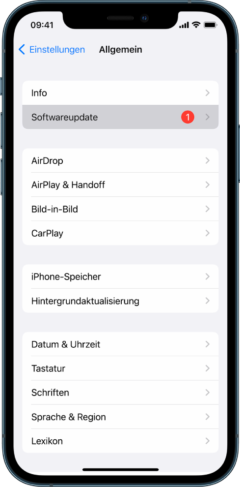 iPhone-Bildschirm, auf dem ein verfügbares Softwareupdate angezeigt wird.