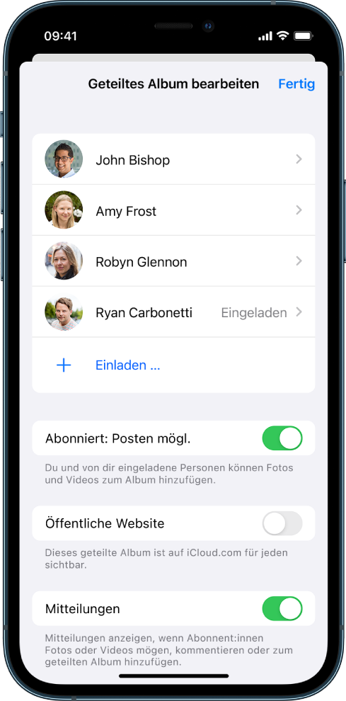 Ein iPhone-Bildschirm mit einem geteilten Fotoalbum und Informationen darüber, mit welchen Personen es geteilt wird.