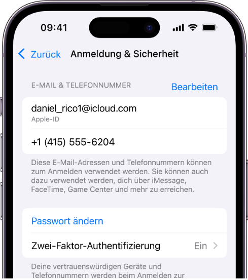 Ein iPhone-Bildschirm, der die aktivierte Zwei-Faktor-Authentifizierung zeigt.